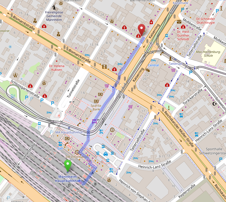 Kartendarstellung des Fußweges auf einfacher Straßenkarte